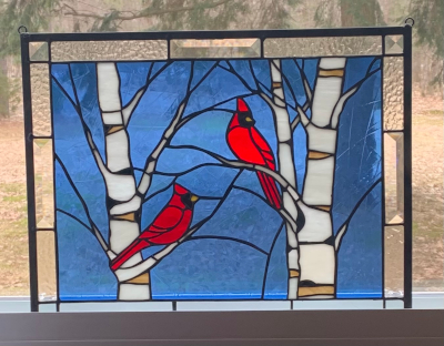 cardnals on birch trees